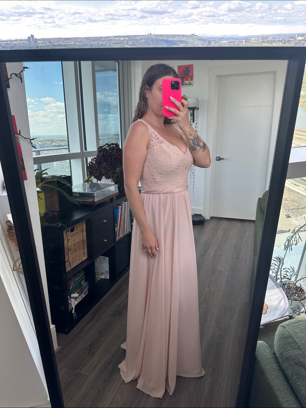 Lace Bodice Pink Chiffon Bridesmaid Dress